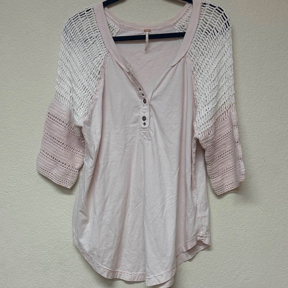 Free People Light Pink Ombré Button Down Shirt with White & Pink Crochet Sleeves